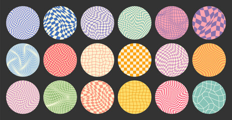 Groovy checkered pattern, round colorful tiled grid. Vintage wavy curved backdrop, distortion effect. Funky geometric chessboard texture, retro background in 90s style, y2k. Vector illustration