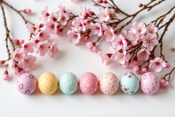 Fototapeta premium Pastel Easter Eggs with Cherry Blossom Branches on White Surface