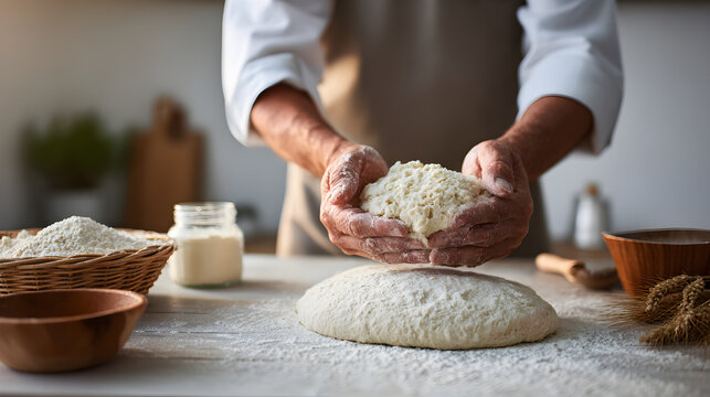 Baker adding flour to bread dough