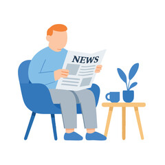 Flat Illustration Man Reading Newspaper Sitting on Chair in Living Room