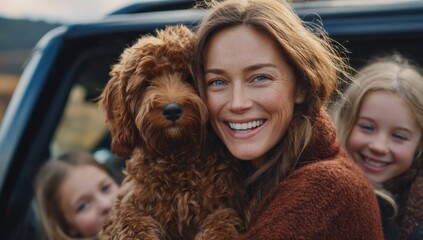 Happy Woman Embracing Her Dog With Children in Car, Representing Family Bonding and Pet Adoption : Generative AI