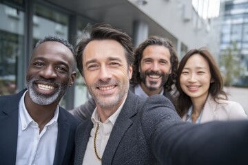 Obraz premium Diverse Business Team Taking Selfie Outside Office Building, Representing Collaboration and Corporate Culture With a Modern Approach to Teamwork : Generative AI