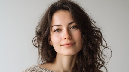 Fototapeta premium Young Woman With Brunette Hair Smiling Gently, Representing Natural Beauty and Skincare Advertising, Perfect for Cosmetics and Wellness Campaigns : Generative AI