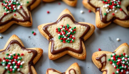 Obraz premium Star Shaped Holiday Cookie with Colorful Sprinkles on Gray Surface
