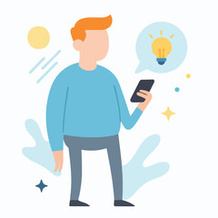 Flat Style Cartoon Man Holding Smartphone with Idea Lightbulb Illustration
