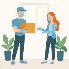 Flat Style Delivery Person Giving a Box to a Woman Illustration