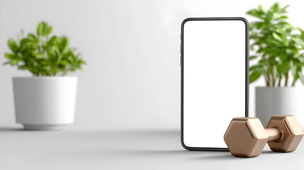 smartphone displaying an empty screen, beside a dumbbell, accompanied by potted plants, fitness app concept