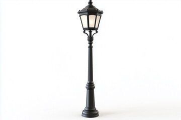 Antique cast iron lamppost illuminating an old city street at dusk