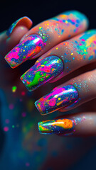 Neon almond nails bursting with abstract color on a cheerful female hand