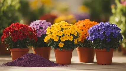 Colourful Potted Mums in a Row Vibrant Flowers at a Garden Nursery