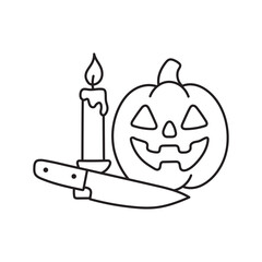 Halloween coloring page. Pumpkin, knife and candle. Black and white illustration.
