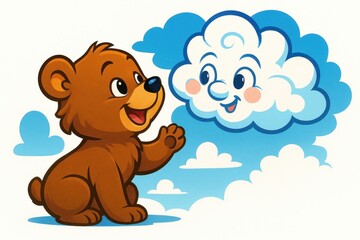 Joyful Cartoon Bear Cub Observing a Playful Cloud – Vibrant Wildlife Illustration on White Background