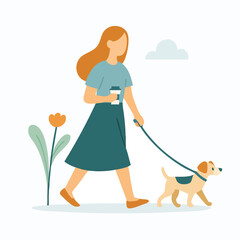 Flat Style Illustration of Woman Walking Dog Outdoor Activity Concept