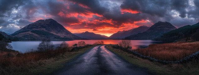 Dramatic sunset over loch with mountain range and road