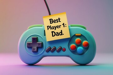 A game controller with a sticky note reading “Best Player 1: Dad” — a fun and stylish Father’s Day greeting for a gamer dad