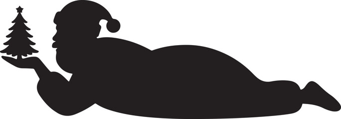 Santa Claus Silhouette Lying Down Holding a Christmas Tree
