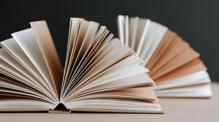 Two open books display their pages in an artistic display. The paper pages of the books fan out, evoking a sense of knowledge and discovery