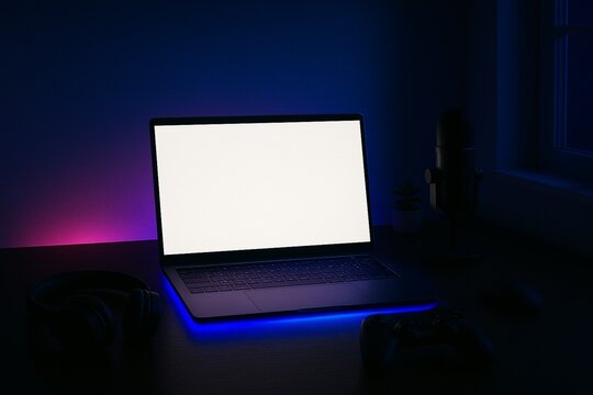 Dark gamer setup with laptop glowing purple rim light - Powered by Adobe