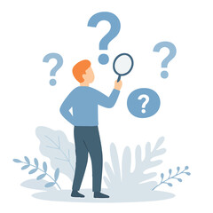 Flat Illustration Curious Man Examining Question Mark with Magnifier Icon