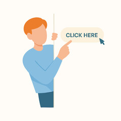 Flat Design Man Pointing Finger at Click Here Button Element Illustration