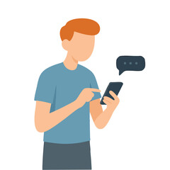 Flat Illustration of Man Using Smartphone with Speech Bubble Over Communication