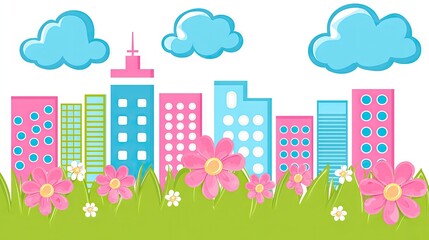 Fototapeta premium Colorful cityscape with flowers and clouds.