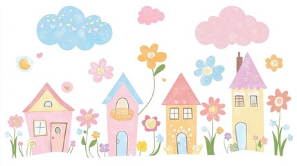 Pastel colored houses and flowers in a whimsical village scene.