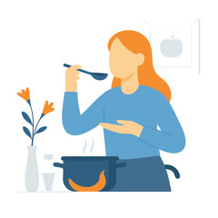 Flat Illustration of Woman Tasting Delicious Soup in Kitchen Scene