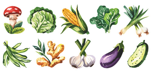 Watercolor Illustration of Fresh Vegetables and Herbs for Healthy Eating