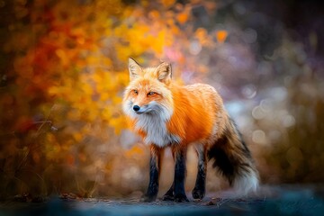 Fototapeta premium Autumn fox in colorful blurred background