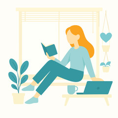 Modern Flat Illustration of a Woman Reading by the Window at Home