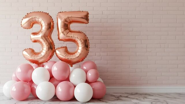 Pink and rose gold balloon number 35 display