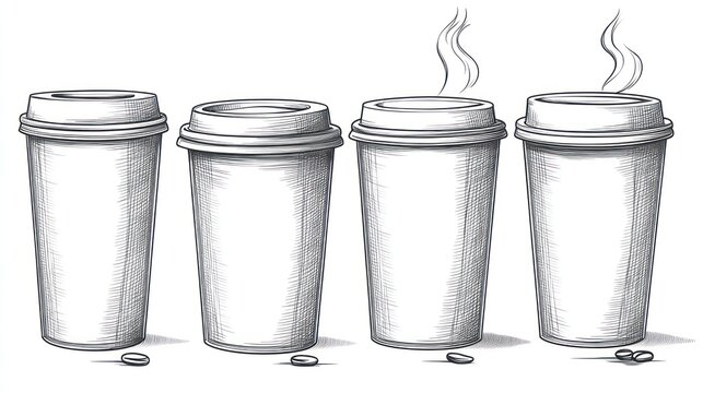 Four sketch-style drawings of disposable coffee cups, two with steam rising from the lids, and coffee beans at their bases