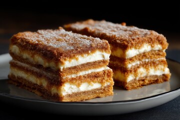 Cremeschnitte Vanilleschnitte Schichtkuchen mit Creme Bl&auml;tterteigschnitte Vanillecremeschnitte Dessertkuchen Sahneschnitte Kuchen mit Puderzucker Cremeschnitten Rezept Feiner Cremekuchen Backidee