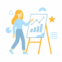 Flat Illustration of Blonde Woman Presenting Chart on Whiteboard Illustration