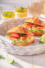 Hot and golden french croissant made of puff pastry.