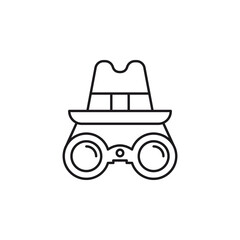 Espionage icon with a hat and binoculars in black and white line drawing for spythemed designs. Perfect for secret agentthemed projects.