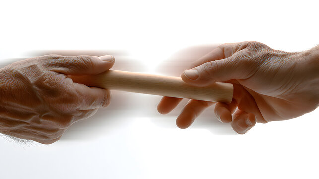 Close up of hands passing a baton, symbolizing teamwork and relay race. The movement captured emphasizes collaboration