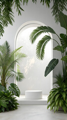 Obraz premium Green leaf frame with white podium 1