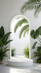 Fototapeta premium Green leaf frame with white podium