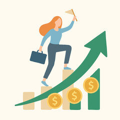 Flat Illustration Woman Climbing Financial Chart with Goal Achievement Concept