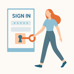 Flat Style Woman Inserting Key into Lock on Sign In Interface