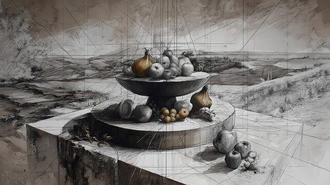 editorial layout for nature and geometry article | transcendent observation | structured calm | earth green and ochre | diagonal anchoring | fruit arrangement | structural color planes | tonal