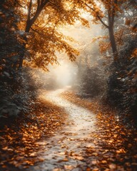 A serene winding path through an autumn forest, lined with vibrant orange leaves and softly diffused sunlight filtering through the trees, evoking a sense of tranquility and warmth.