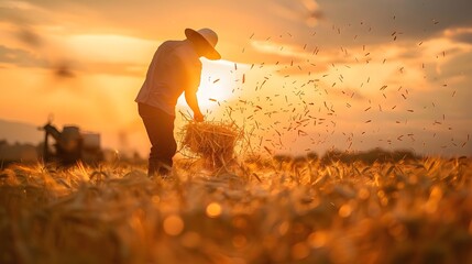 Farmer Tossing Grain at Sunset During Harvest, with Tractor in the Background