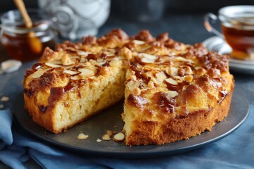 Butterkuchen mit Mandeln Mandelkuchen Butterkuchen Rezept Kuchen mit Butter und Mandeln Hefekuchen mit Mandelbl&auml;ttchen Blechkuchen mit Mandeln Klassischer Butterkuchen Hausgemachter Mandelkuchen