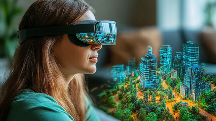 Woman using augmented reality headset to view virtual futuristic city model