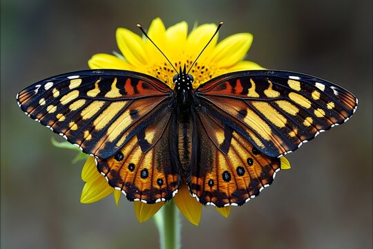 A vibrant butterfly with orange and black wings resting on a bright yellow flower, showcasing intricate patterns, harmony of colors, and the beauty of nature in close-up.