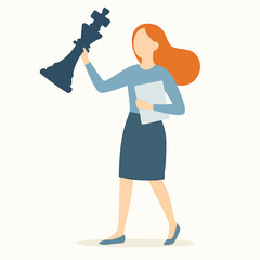 Flat Illustration Businesswoman Holding Chess King for Strategic Business Plan