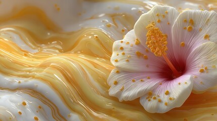 Beautiful Pink and White Flower on Abstract Marbled Yellow and Cream Background